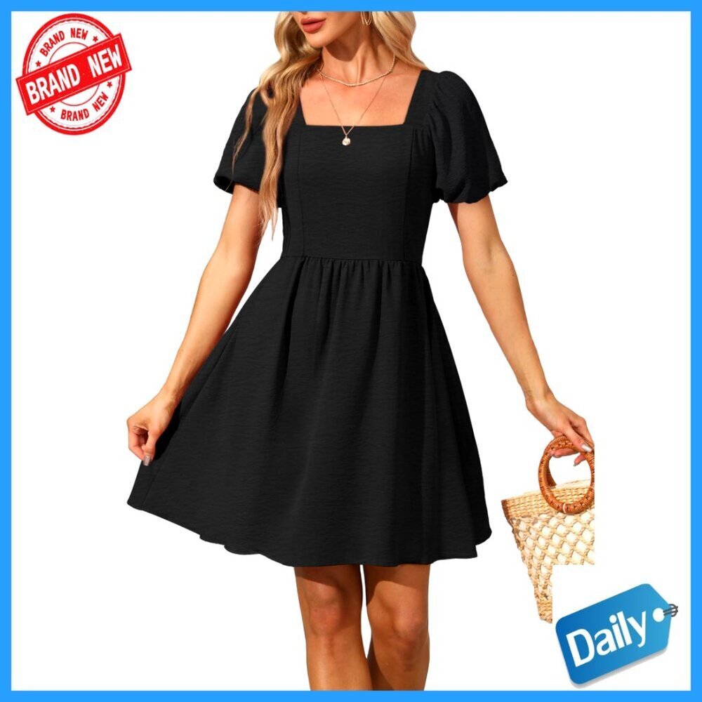 Puff Sleeve Square Neck Tie Back Dress with Zipper Side Casual A-Line